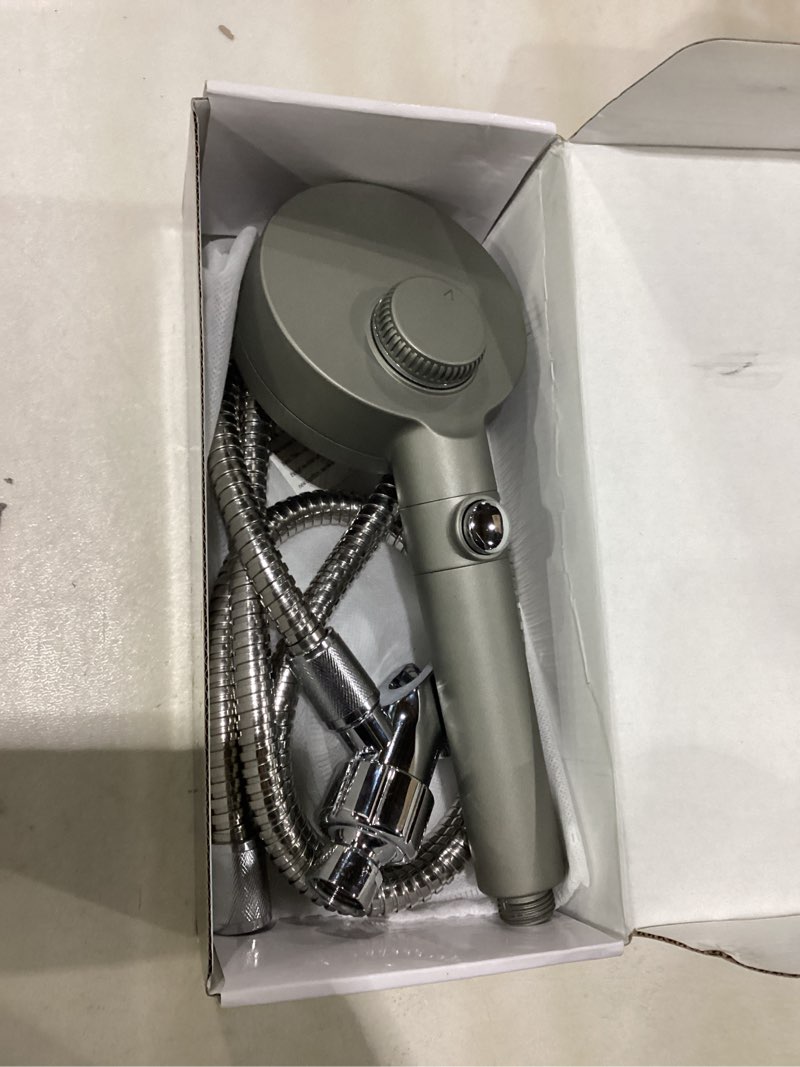 Condition photo showing As Is for filtered shower head with handheld, high pressure 4 spray mode showerhead with filters, water softener filter beads for hard water with on/off switch for pets - remove chlorine (gray) deep gray 5 inch panel