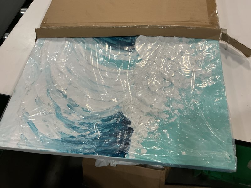 Condition photo showing Good Condition for V-inspire Modern Ocean Wave Canvas Wall Art, 24 x 48 inches, Hand-Painted 3D Textured Oil Painting, Blue and White