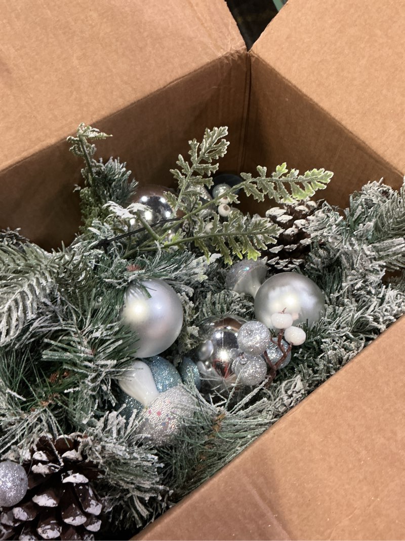 Condition photo showing As Is for Christmas Garland for Front Door, 6 Foot Artificial Unlit Winter Garland with Pine Cones, Berry Clusters, Blue Ball Ornaments and Ribbons for Thanksgiving Holiday Christmas Decoration