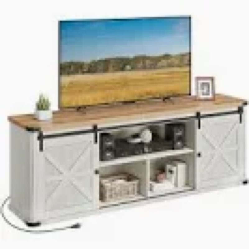 (Incomplete) Cesilee TV Stand for TVs up to 75\"  with 2 Sliding Barn Doors and Built-In Charging Station