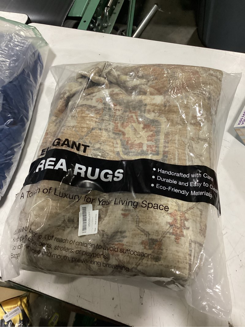 Condition photo showing New/Like New for washable 5x7 area rug for living room - vintage distressed carpet with non-slip backing, soft stain resistant low pile indoor rug for bedroom & dining room, kid & pet friendly - dark brown dark brown 5' x 7' (rectangular)