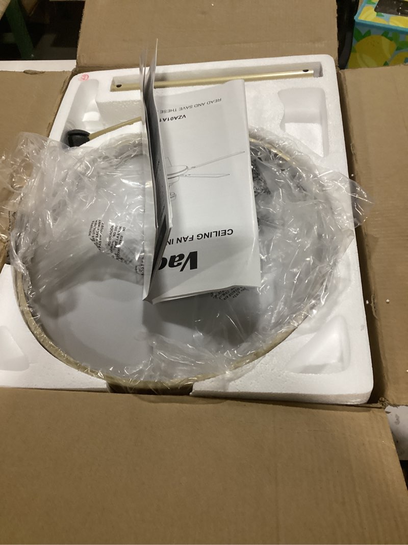 Condition photo showing As Is for size unknown ceiling fans with lights and remote/app, modern sleek black and gold ceiling fan, etl listed, indoor outdoor smart black ceiling fan for bedroom living room patio, 3cct, 6 speeds gold