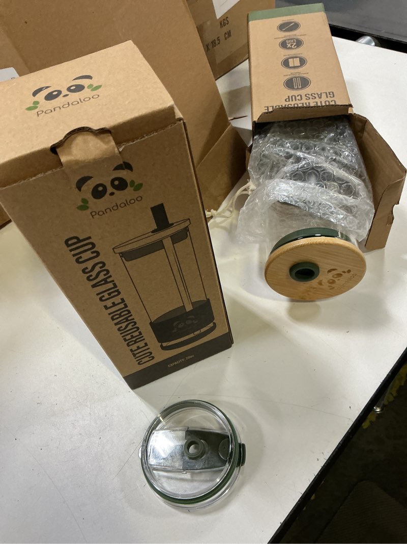 Condition photo showing Good Condition for pandaloo® glass cups with lids and straws -20 fl oz- perfect size iced coffee cup - smoothie cup with bamboo lid and on the go lid - (2 count (pack of 1), black saphir-mediterranean olive) black saphir-mediterranean olive 20 ounces
