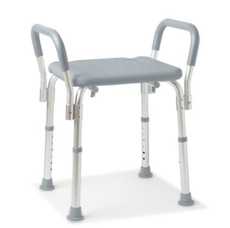 medline bath bench with padded armrests  height adjustable shower seat  350 lb. weight capacity  gray