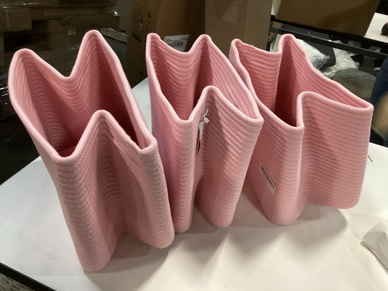 Condition photo showing Good Condition for mintwood design 3-pack decorative woven storage baskets for shelves, cube bin box for organizing books, shoes, dog toys, pantry closet and living room organizer, soft pink