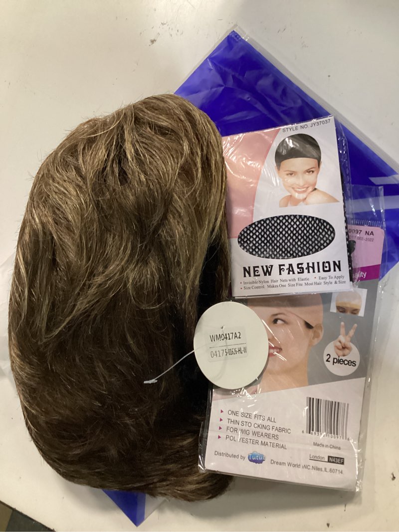 Condition photo showing New/Like New for sevencolors short dark brown mixed blonde pixie cut wigs for women synthetic layered highlight wigs with bangs natural hair replacement wig