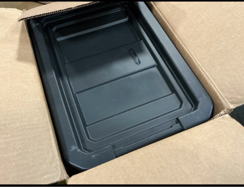 Condition photo showing As Is for sterilite storage tote: 7.5 gal, 18 in x 12 5/8 in x 13 1/4 in, black body, less than 10 gal, black