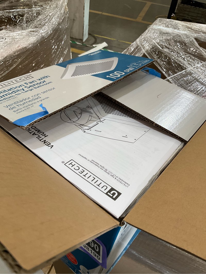 Condition photo showing As Is for utilitech 1.5-sone 100-cfm white bathroom fan with humidity sensor (energy star certified)