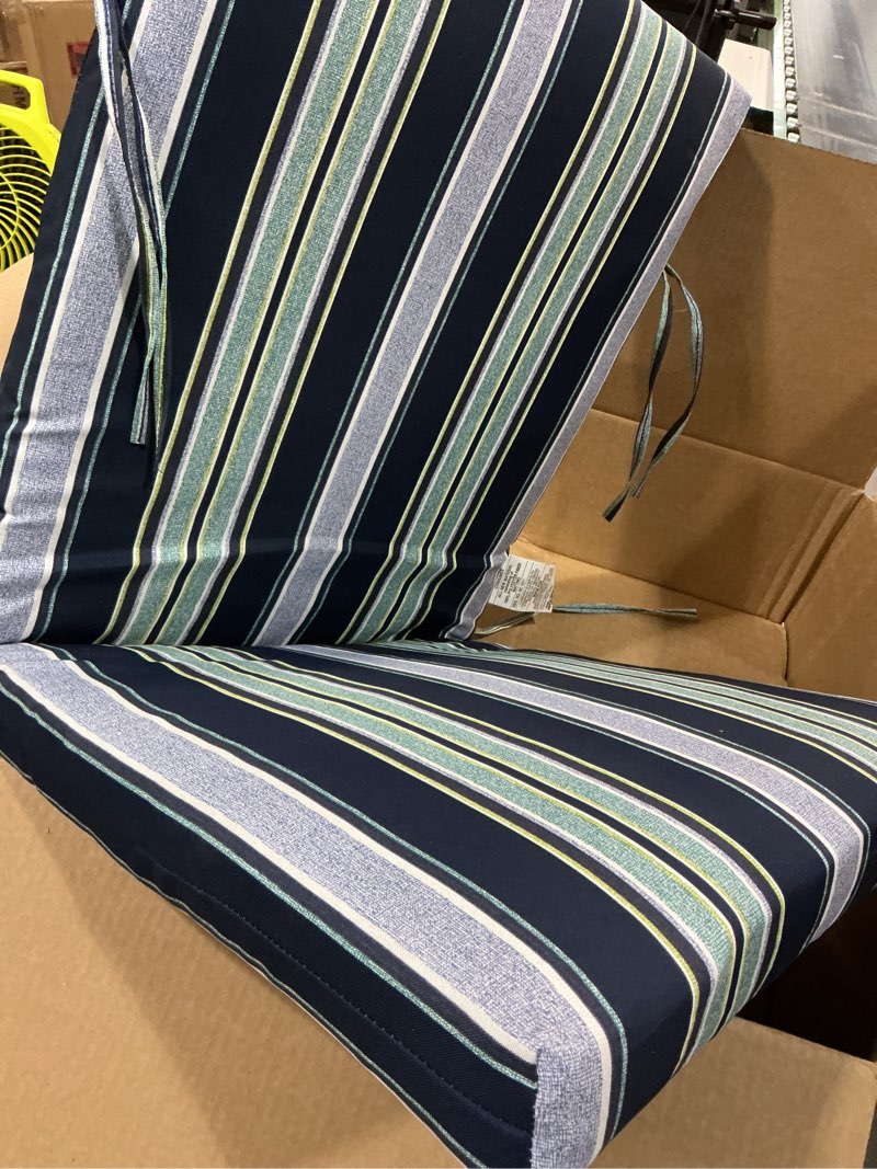 Condition photo showing Good Condition for arden outdoor patio dining chair cushion, 20x44, rain-proof seat pad, fade-resistant outdoor cushion sapphire aurora blue stripe polyfill 1 pack sapphire aurora blue stripe
