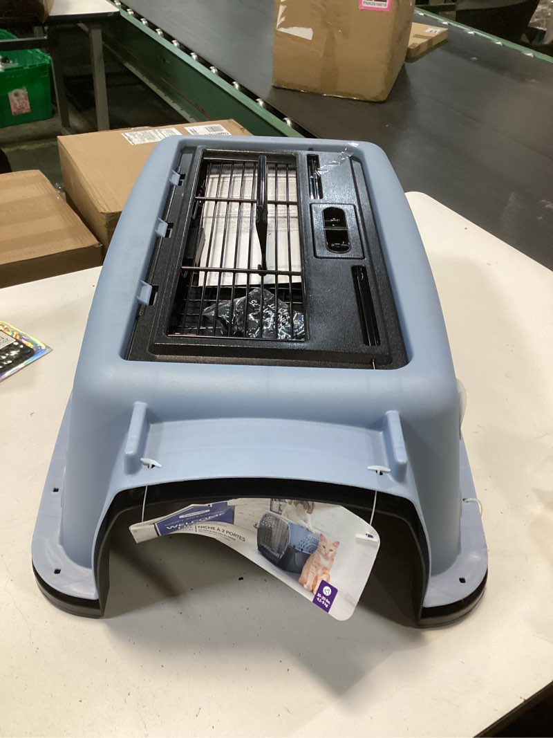 Condition photo showing New/Like New for Petmate Dog Crates for Small Dogs & Cat Carriers, Two-Door Plastic Pet Kennel, Top & Front Loading, Made in USA, 24", Blue Two-door 24.1"L x 16.8"W x 14.5"H BLUE