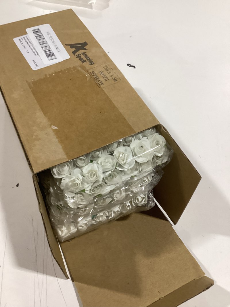 Condition photo showing Good Condition for 576 Pcs Champagne Flowers for DIY with Double Sided Adhesive Dots, Mini Artificial Paper Roses Faux Flower Heads for DIY Champagne Wine Glasses Home Wedding Party Decoration(White)