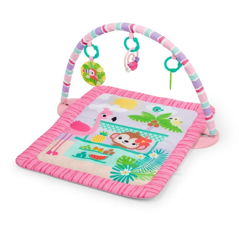 bright starts pink palms tiki toy bar baby activity gym & tummy time mat with toy bar and 3 toys, newborn to 3 years