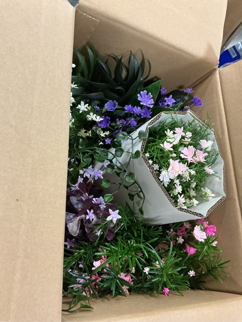 Condition photo showing New/Like New for 6 in 1 artificial plants & flowers, potted fake asparagus oxalis babybreath grass plant for home decor indoor outdoor, office greenery tabletop centerpieces multiple colour