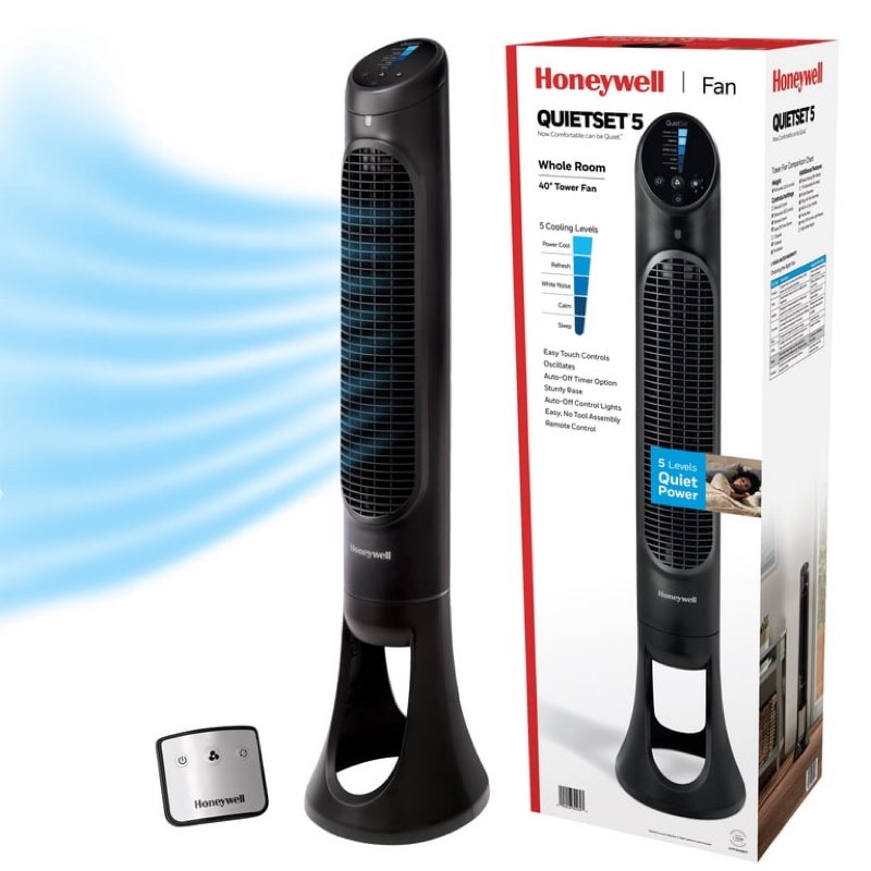 honeywell 40" black quiet set oscillating tower fan, 30ft air circulation power, 5 speed, auto off timer, hyf260b