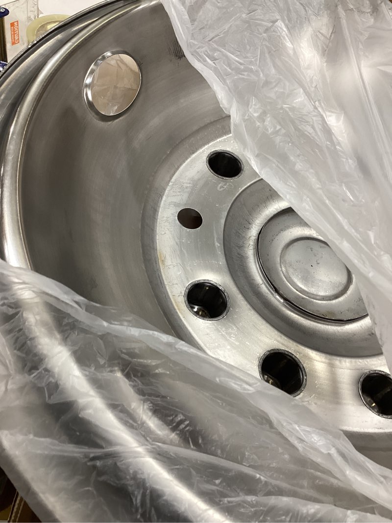 Condition photo showing Good Condition for 19.5" wheel simulators, 304 polished stainless steel simulator kit, 2 front and 2 rear wheel covers, 10 lug 5 hand hole, with bolt kit fit for 2005-2021 ford f450/f550(19.5in)