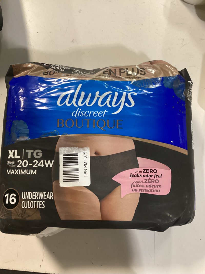 Condition photo showing New/Like New for Always Discreet Boutique Incontinence and Postpartum Underwear for Women, Maximum Protection, Extra Large, Black, 16 Count Black X-Large 16