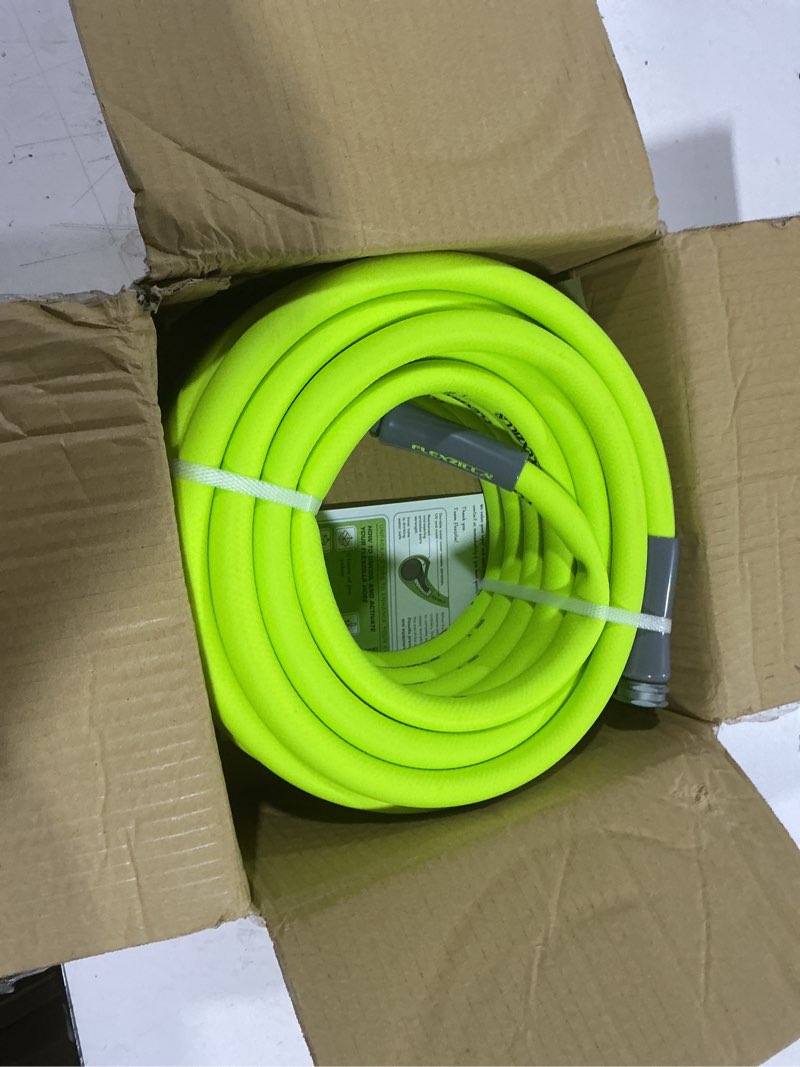 Condition photo showing Good Condition for flexzilla garden hose 5/8 in. x 50 ft., lightweight all-weather water hose, durable and flexible, leak-free connections standard grip 50ft chartreuse
