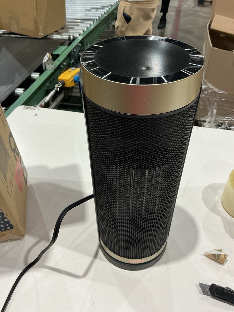 Condition photo showing As Is for dreo space heater, 1500w electric heaters for indoor use with thermostat, 70° oscillation, 8 safety protections, 5 modes, remote, 12h timer, quiet portable heater for office, bedroom, large room gold standard