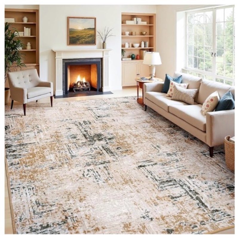rugflix 9x12 area rug for living room, washable modern abstract rug low-pile non slip backing, soft large farmhouse carpet for bedroom dining room home office, brown grey