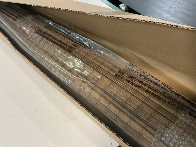 Condition photo showing Good Condition for cordless bamboo roman shades 43x64in, light filtering bamboo blinds for indoor windows, office, bathroom and living room, privacy teak.
