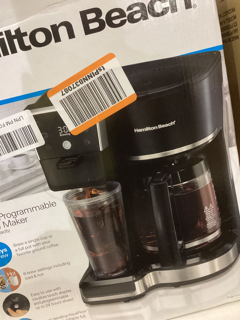 Condition photo showing As Is for Hamilton Beach 2-Way 12 Cup Programmable Drip Hot and Iced Coffee Maker & Single Serve Coffee Machine, Glass Carafe, Auto Pause and Pour, Black (47500J)