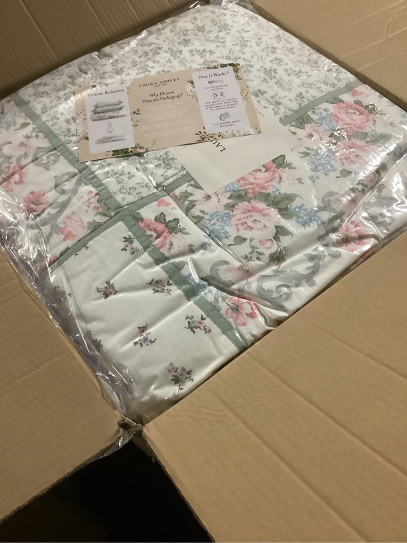 Condition photo showing New/Like New for Laura Ashley - Queen Comforter Set, Soft Cotton Bedding with Slight Texture Feel, Medium Weight for Year Round Comfort, 4 Piece Bed Set with Matching Pillowcases & Bonus Bed Skirt (Harper Sage)