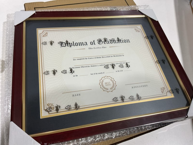 Condition photo showing Good Condition for 11x14 Wood Diploma Frame with Black Mat or Display 14x17 Certificates without Mat,UV Protection Acrylic,Cherry Finish with Gold Trim Cherry 14x17 or 11x14 with Mat