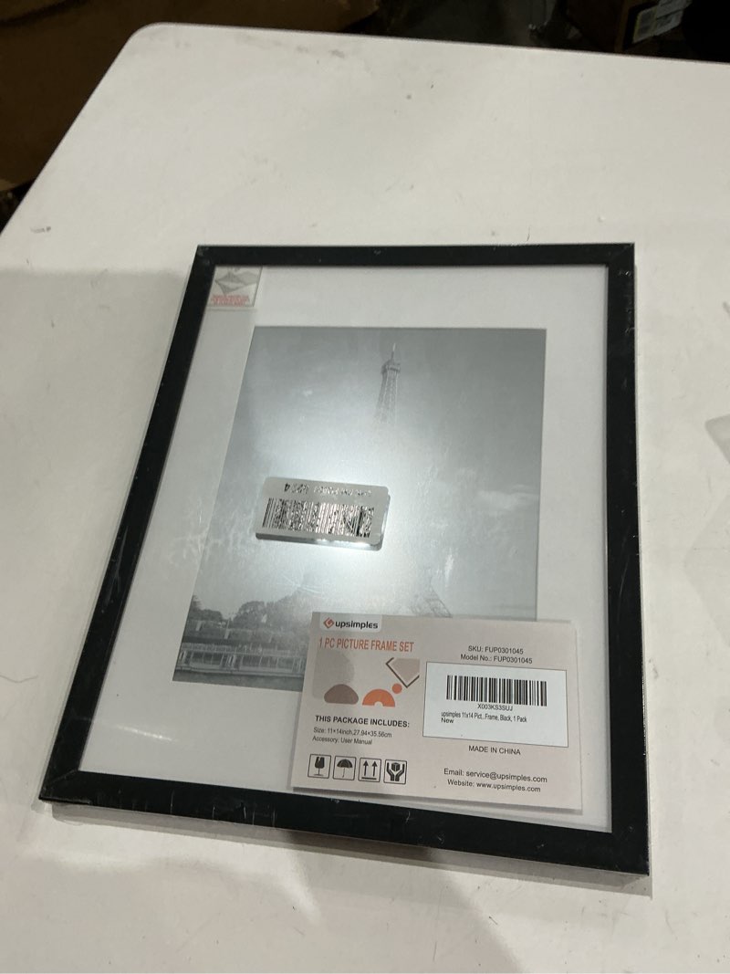 Condition photo showing Good Condition for upsimples 11x14 picture frame, display pictures 8x10 with mat or 11x14 without mat, wall hanging photo frame, black, 1 pack black 11x14