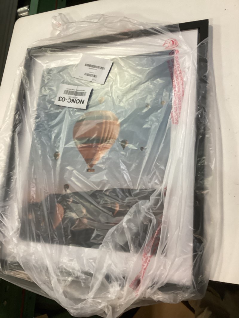 Condition photo showing As Is for 12x12 inch picture frame, horizontal and vertical formats for wall hanging, 12 x 12 square wall gallery poster photo frame with shatter resistant plexiglass, black black 12x12 inch