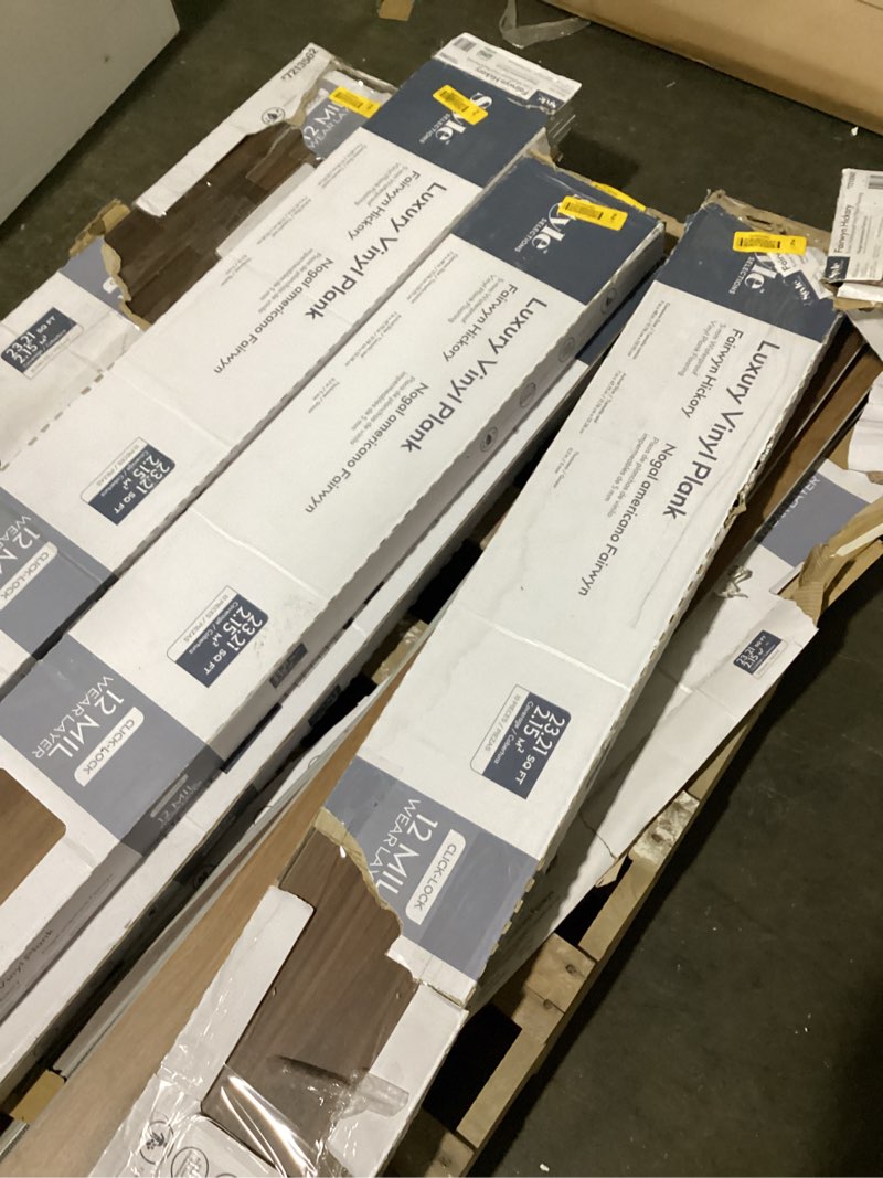 Condition photo showing As Is for 1k+ bought last week style selections fairwyn hickory 12-mil x 7-in w x 48-in l waterproof click lock luxury vinyl plank set of 6 boxes and some loose ones