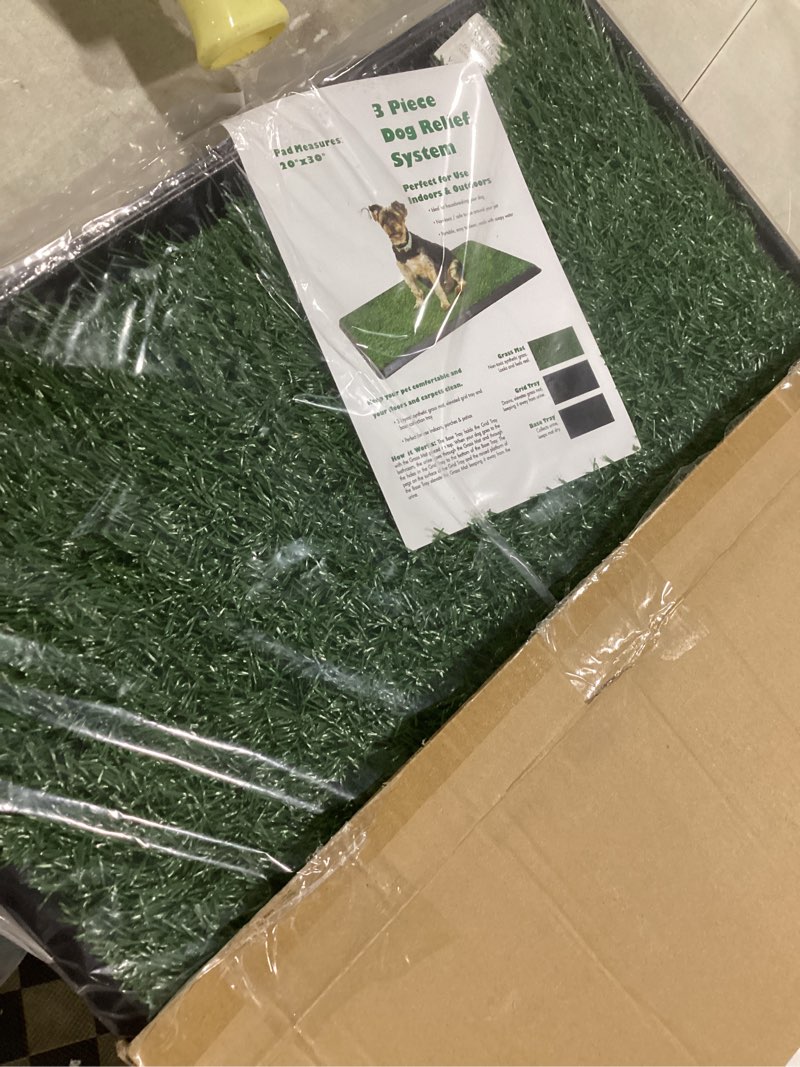 Condition photo showing Good Condition for (similar to)dog grass pad with tray large 34’’×23’’, dog litter box with odor free artificial grass pee pads for dogs potty tray with hemmed edge, realistic for indoor balcony large for dog? 28\" length
