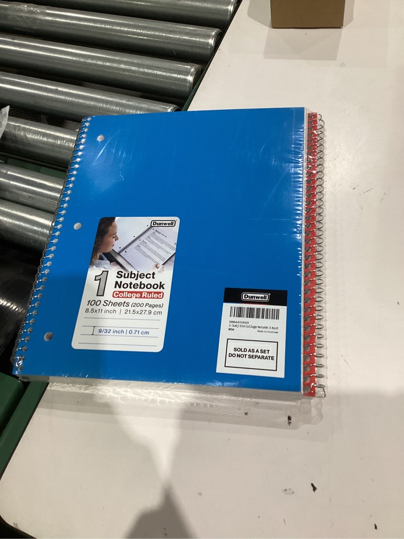 Condition photo showing New/Like New for Dunwell 1 Subject College Ruled Notebooks, (3-Pack, Red, Blue, Black) Spiral Notebooks 8.5 x 11, Plastic Covers, Poly Pocket Dividers, 100 Sheets (200 Pages), 3-Hole Punched Perforated Paper Assorted 3 Colors 8.5x11" 1 Subject (3 Pack)