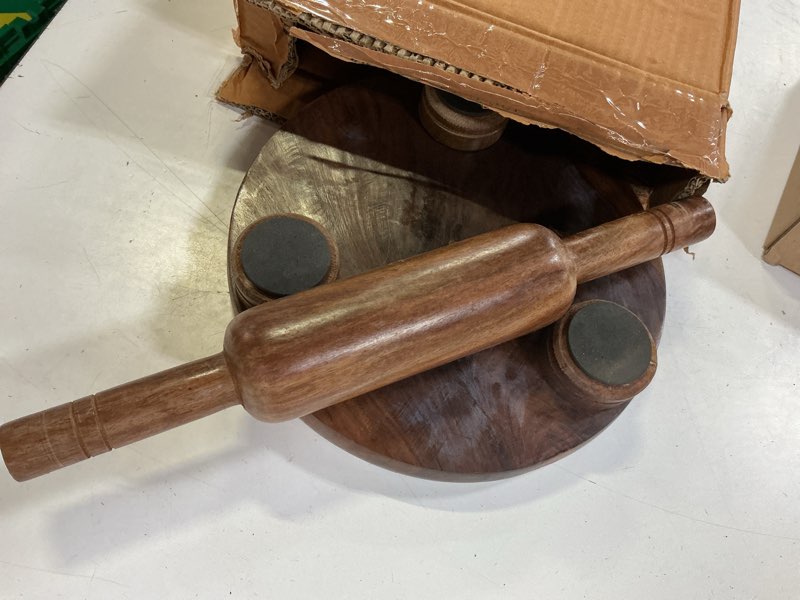 Condition photo showing Good Condition for wooden chakla belan set, 9 inch sheesham wood rolling board with 12 inch rolling pin, round roti & chapati making board, dough rolling board for tortillas, puri, paratha & flatbread