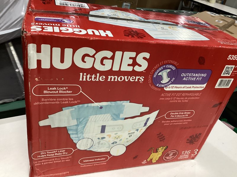 Condition photo showing New/Like New for huggies size 3 diapers, little movers baby diapers, size 3 (16-28 lbs), 136 count, packaging may vary size 3 136