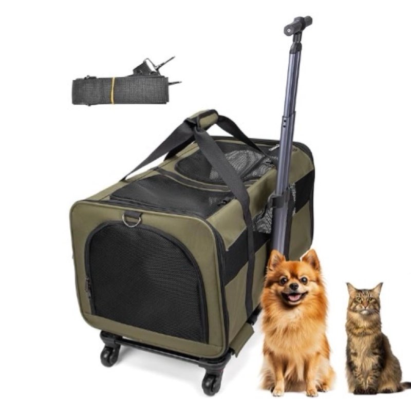 cat carrier for 2 cats, large dog cat carrier with wheels for under 44lbs, 23.7" x 15.8" x 13.8" rolling pet carrier with removable pole platform and upgraded wheels dog cat travel carrier(green)
