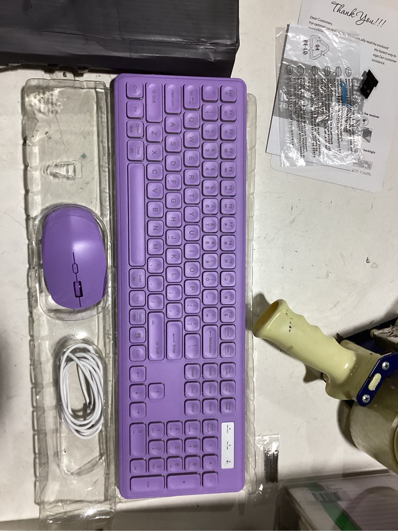 Condition photo showing As Is for wireless keyboard and mouse combo, rgb backlit, rechargeable & light up letters, full-size, soft typing, sleep mode, 2.4ghz quiet keyboard set for mac, windows, laptop, pc, trueque (purple)