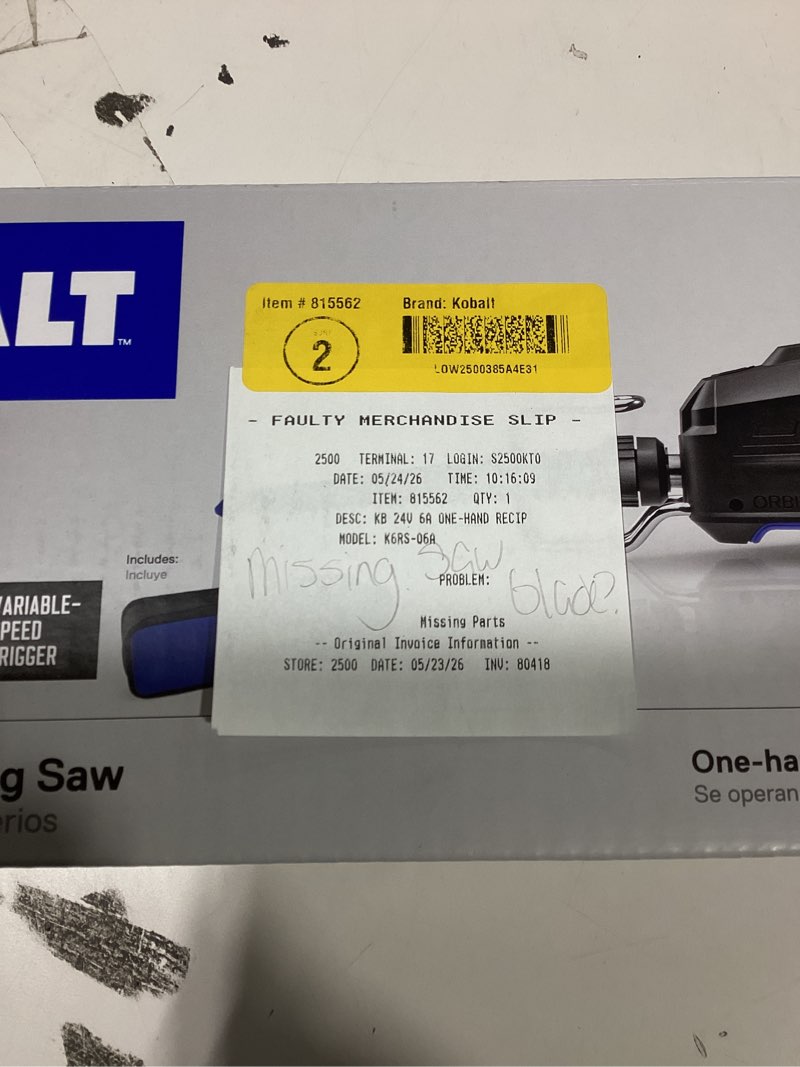 Condition photo showing As Is for kobalt 6-amp variable corded reciprocating saw (charger not included) missing saw glade