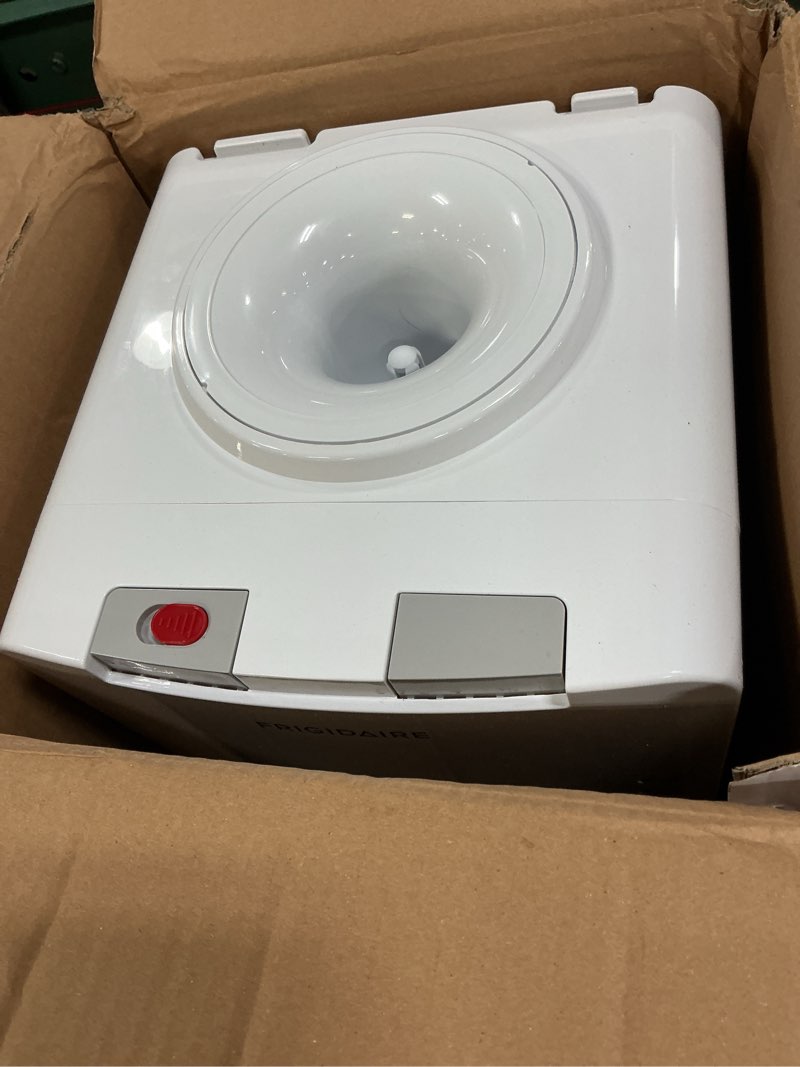 Condition photo showing As Is for Frigidaire EFWC498, Top Load Hot & Cold Water Cooler Dispenser for Home, Garage, Dorm, RV & Cottage, 3 and 5 Gallon Bottles, 11" D x 11.5" W x 36" H, White