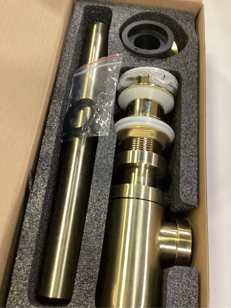 Condition photo showing New/Like New for brass p trap with bathroom sink stopper: 1-1/4 sink drain round bottle trap set with overflow - adjustable height, brushed gold - complete basin sink plumbing kit for pipe replacement gold - with overflow