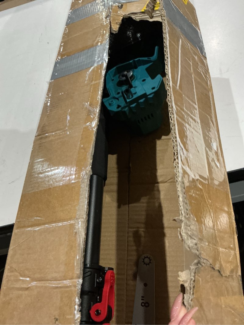 Condition photo showing As Is for 2-in-1 cordless pole saw & 8'' mini chainsaw,forest ranger approved electric handheld chain saw with 2× 21v 4.0ah rechargeable batterie&charger, auto oiling multi-angle,max 16ft saw for tree trimming bright blue