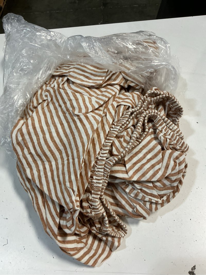 Condition photo showing As Is for quince european linen fitted sheet set, king, terracotta/white stripe