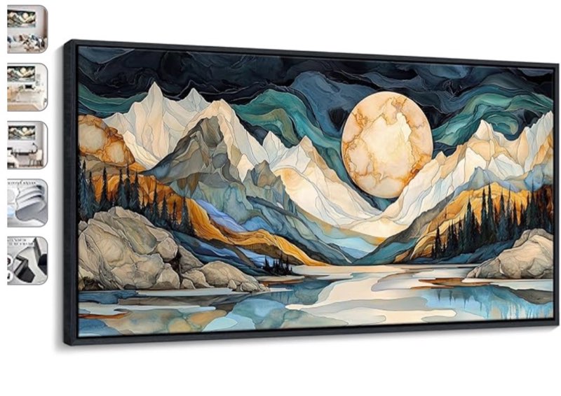 JEAWA Framed Canvas Wall Art - 24x48 In Large Abstract Painting Decor, Black White Textured Mountain