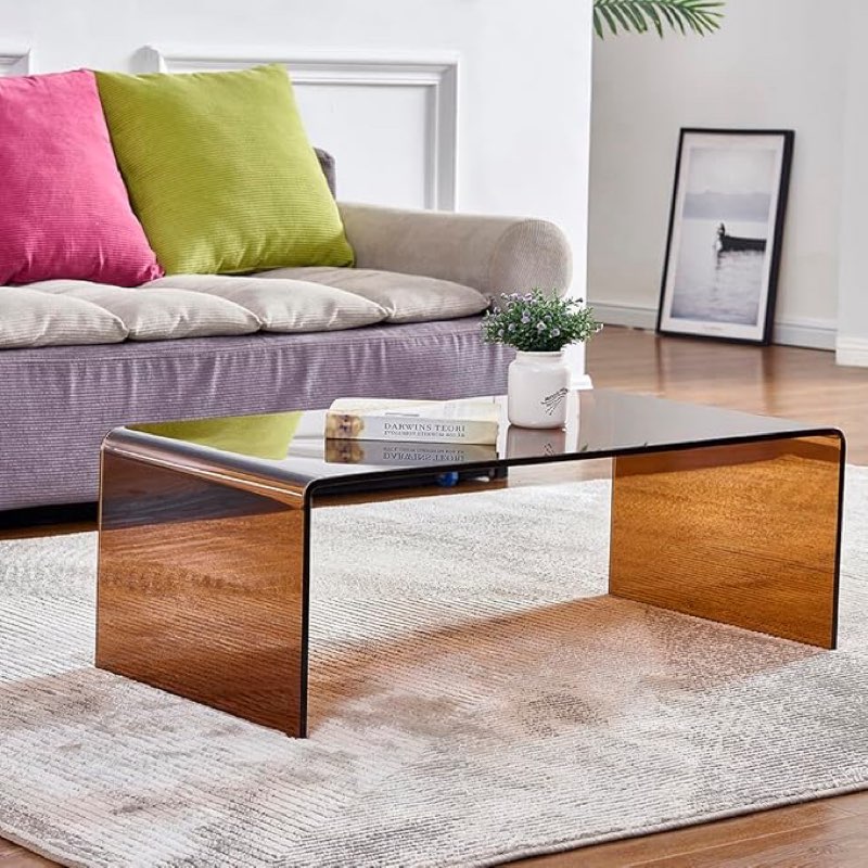 High-quality tempered glass coffee table, small and modern for living room, matches well with carpet (brown