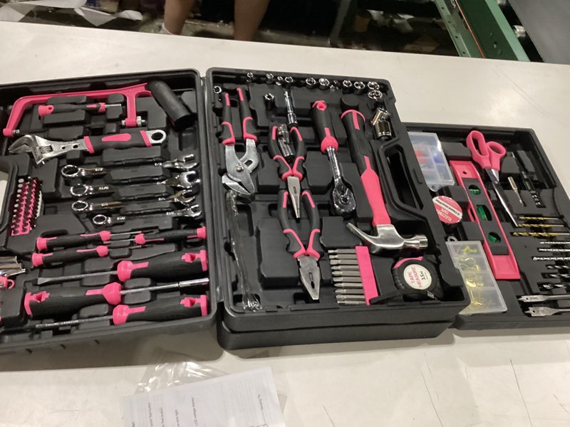 Condition photo showing Good Condition for tool set- 412 piece home repair/auto tool kit, storage organizer with drawers, toolbox storage case for women & men, perfect for homeowner, diyer, handyman, diy pink