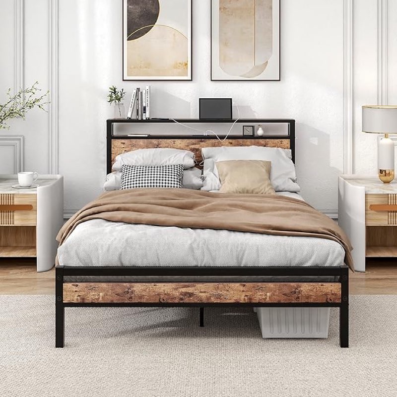 Full Size Bed Frame with Storage Headboard,USB Charging Station,Metal Platform Double Bed Frame Full Size,Reinforced Steel Slats Support,No Box Spring Needed,Noise Free,Rustic Brown