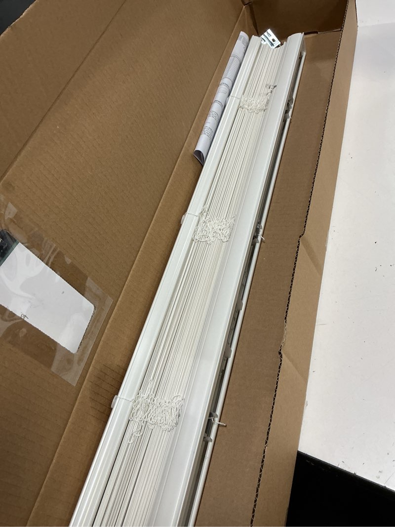 Condition photo showing As Is for allen + roth trim at home 2-in slat width 30-in x 64-in cordless white faux wood room darkening horizontal blinds
