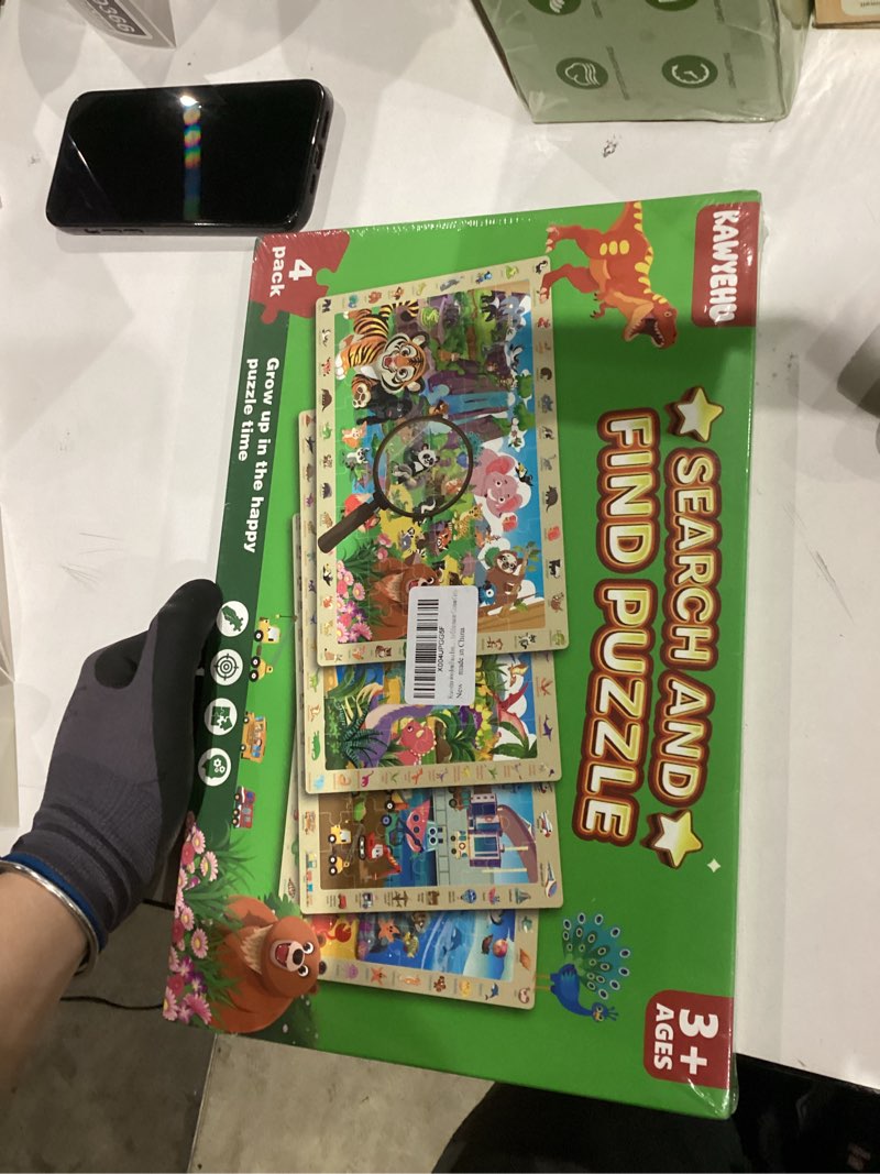 Condition photo showing New/Like New for Wooden Puzzles for Kids Ages 4-6, 4 x 60 Piece Search and Find Puzzles for Kids Ages 3-5 Boys Girls, Educational Toys Gifts for 3-8 Year Old, 4 in 1 Box, Jungle Dinosaur Ocean City