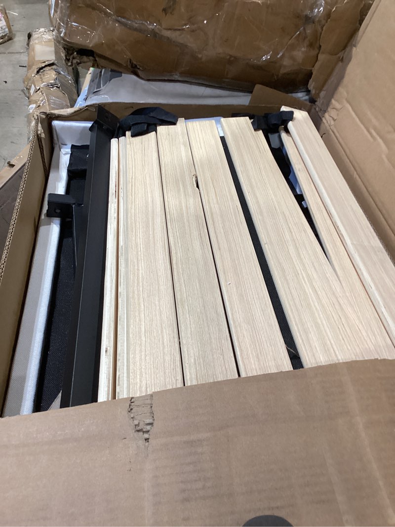 Condition photo showing As Is for garveehome beige king bed frame with upholstered headboard, heavy-duty platform bed frame with adjustable headboard, strong wood slat support/no box spring needed/noise free