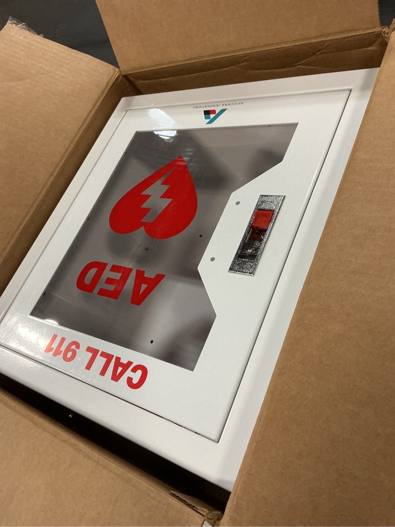 Condition photo showing Good Condition for steel aed cabinet kit | wall mount box with alarm & strobe light | turnkey solution includes 3d sign, inspection tags & security seals | universal fit (16" h x 14" w x 8" d) alarmed