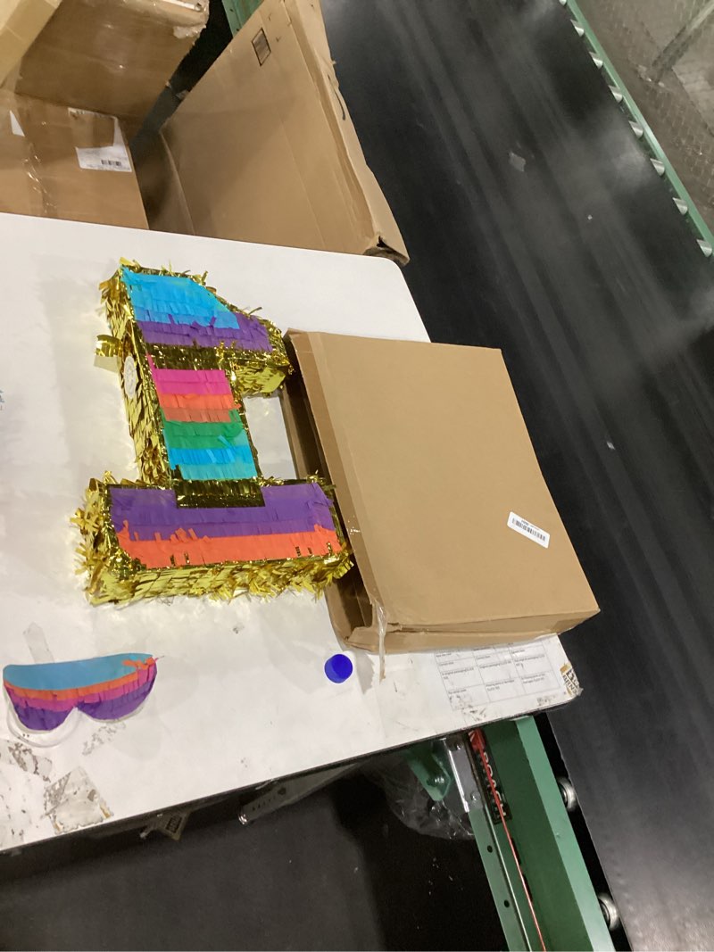Condition photo showing New/Like New for rainbow number 1 pinata for 1st birthday party decorations, birthday pinata with stick blindfold and confetti, kids anniversary celebration, fiesta (small, 16.5 x 11.5 x 3 in)